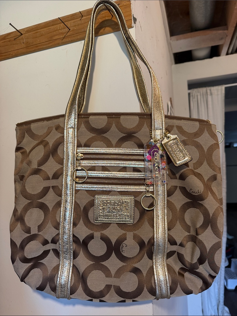 Coach Poppy Tan and Gold Signature Canvas Tote with Metallic Trim